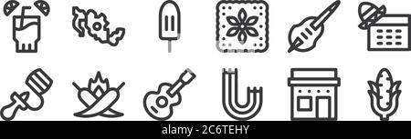 12 set of linear cinco de mayo icons. thin outline icons such as corn, churros, chili pepper, toloche, popsicle, mexico for web, mobile Stock Vector