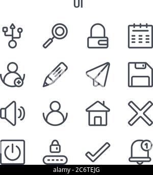set of 16 ui concept vector line icons. 64x64 thin stroke icons such as search, user, save, home, password, notification, checked, paper plane, calend Stock Vector