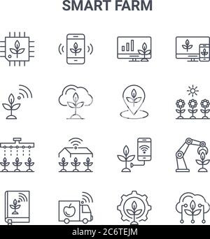 set of 16 smart farm concept vector line icons. 64x64 thin stroke icons such as smart farm, plant, sunlight, smart farm, truck, cloud, gear, place, mo Stock Vector
