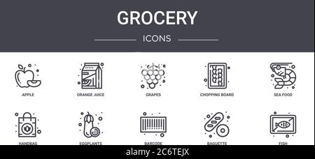 grocery concept line icons set. contains icons usable for web, logo, ui/ux such as orange juice, chopping board, handbag, barcode, baguette, fish, sea Stock Vector