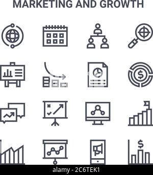 set of 16 marketing and growth concept vector line icons. 64x64 thin stroke icons such as calendar, statistics, pie chart, computer, statistics, bar g Stock Vector