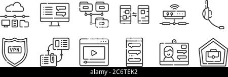12 set of linear telecommuting icons. thin outline icons such as telecommuting, chat box, exchange, modem, share, chat box for web, mobile Stock Vector