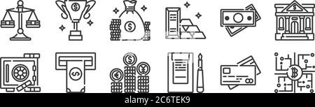 12 set of linear banking and money icons. thin outline icons such as bitcoin, , atm, money, money bag, trophy for web, mobile Stock Vector