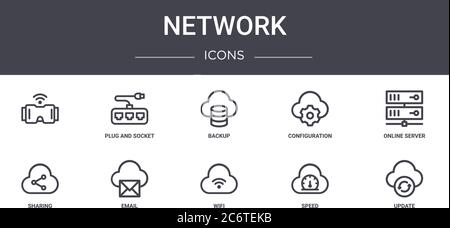 network concept line icons set. contains icons usable for web, logo, ui/ux such as plug and socket, configuration, sharing, wifi, speed, update, onlin Stock Vector
