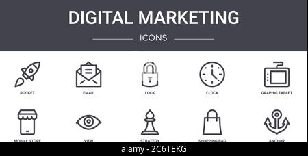 digital marketing concept line icons set. contains icons usable for web, logo, ui/ux such as email, clock, mobile store, strategy, shopping bag, ancho Stock Vector