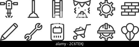 12 set of linear labour day icons. thin outline icons such as balloons, wheelbarrow, wrench, settings, ladder, plunger for web, mobile Stock Vector