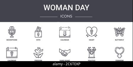 woman day concept line icons set. contains icons usable for web, logo, ui/ux such as vote, heart, calendar, hand shake, politics, feminism, butterfly, Stock Vector