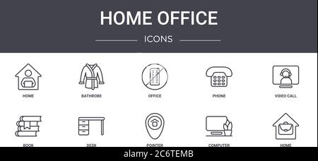 home office concept line icons set. contains icons usable for web, logo, ui/ux such as bathrobe, phone, book, pointer, computer, home, video call, off Stock Vector