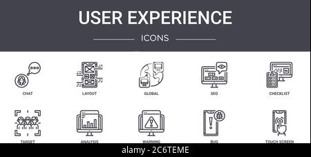 user experience concept line icons set. contains icons usable for web, logo, ui/ux such as layout, seo, target, warning, bug, touch screen, checklist, Stock Vector