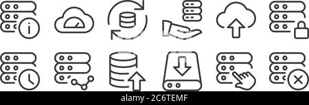 12 set of linear work office server icons. thin outline icons such as remove, server storage, networking, upload, sync, speedometer for web, mobile Stock Vector