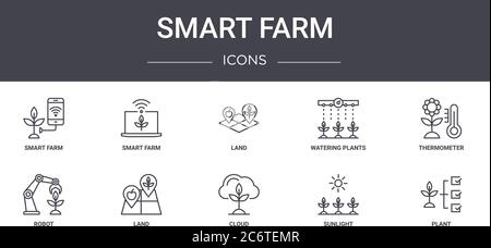 smart farm concept line icons set. contains icons usable for web, logo, ui/ux such as smart farm, watering plants, robot, cloud, sunlight, plant, ther Stock Vector