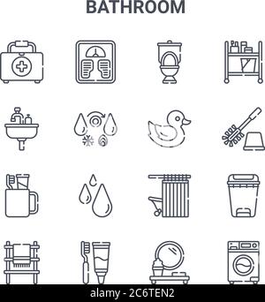 set of 16 bathroom concept vector line icons. 64x64 thin stroke icons such as weight scale, sink, toilet brush, shower curtains, dental care, washing Stock Vector