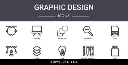 graphic design concept line icons set. contains icons usable for web, logo, ui/ux such as canvas, zoom out, , idea, school material, usb, svg, artboar Stock Vector