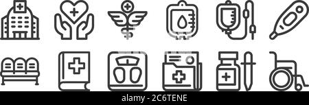 12 set of linear medical tools icons. thin outline icons such as wheelchair, document, medical book, infusion, pharmacy, healthcare for web, mobile Stock Vector
