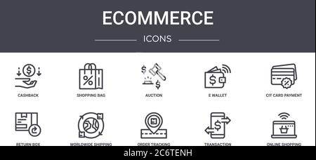 ecommerce concept line icons set. contains icons usable for web, logo, ui/ux such as shopping bag, e wallet, return box, order tracking, transaction, Stock Vector