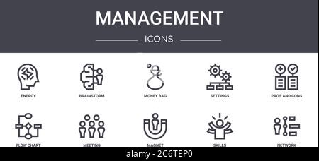 management concept line icons set. contains icons usable for web, logo, ui/ux such as brainstorm, settings, flow chart, magnet, skills, network, pros Stock Vector
