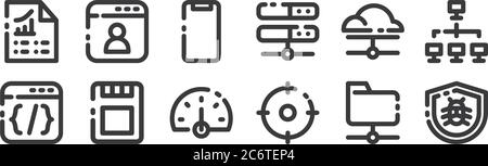 12 set of linear seo marketing icons. thin outline icons such as bug, scope, ssd, server, phone, blog for web, mobile Stock Vector