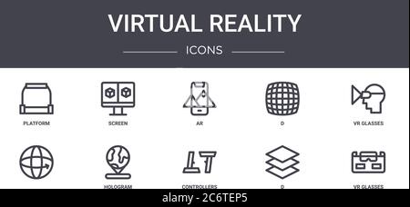 virtual reality concept line icons set. contains icons usable for web, logo, ui/ux such as screen, d, , controllers, d, vr glasses, vr glasses, ar Stock Vector