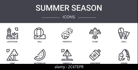summer season concept line icons set. contains icons usable for web, logo, ui/ux such as ball, plane, camp, umbrella, sunscreen, fishing, shell, pinea Stock Vector