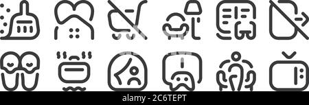 12 set of linear stay at home icons. thin outline icons such as computer screen, play, cooking, reading, do not, stayhome for web, mobile Stock Vector