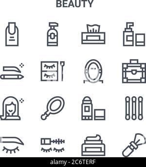 set of 16 beauty concept vector line icons. 64x64 thin stroke icons such as lotion, eyebrow pencil, make up box, deodorant, mascara, brush, face cream Stock Vector
