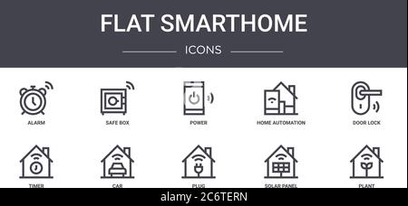 flat smarthome concept line icons set. contains icons usable for web, logo, ui/ux such as safe box, home automation, timer, plug, solar panel, plant, Stock Vector