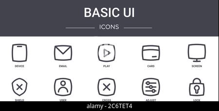 basic ui concept line icons set. contains icons usable for web, logo, ui/ux such as email, card, shield, cross, adjust, lock, screen, play Stock Vector