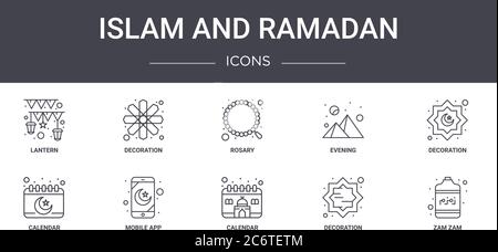 islam and ramadan concept line icons set. contains icons usable for web, logo, ui/ux such as decoration, evening, calendar, calendar, decoration, zam Stock Vector