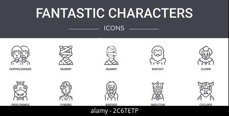 fantastic characters concept line icons set. contains icons usable for web, logo, ui/ux such as mummy, bigfoot, frog prince, bigfoot, skeleton, cyclop Stock Vector