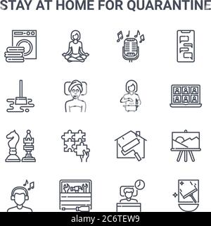 set of 16 stay at home for quarantine concept vector line icons. 64x64 thin stroke icons such as yoga pose, cleaning mop, seminar, paintwork, tool box Stock Vector