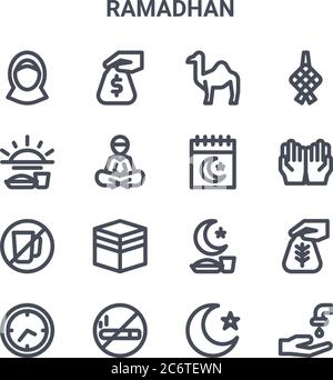 set of 16 ramadhan concept vector line icons. 64x64 thin stroke icons such as zakat, fasting, praying, fasting, no smoking, wudhu, islam, calendar, ke Stock Vector