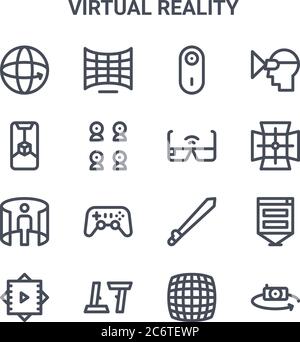 set of 16 virtual reality concept vector line icons. 64x64 thin stroke icons such as view, vr, panoramic view, sword, controllers, camera, d, vr glass Stock Vector