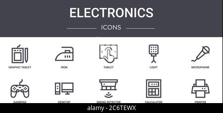 electronics concept line icons set. contains icons usable for web, logo, ui/ux such as iron, light, gamepad, smoke detector, calculator, printer, micr Stock Vector