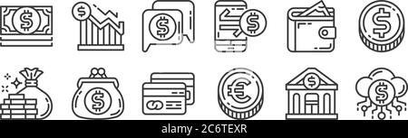 12 set of linear money and currency icons. thin outline icons such as digital currency, euro coin, coin purse, wallet, money talk, graph for web, mobi Stock Vector