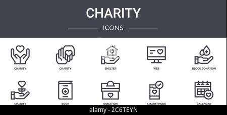 charity concept line icons set. contains icons usable for web, logo, ui/ux such as charity, web, charity, donation, smartphone, calendar, blood donati Stock Vector