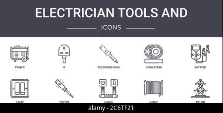 electrician tools and concept line icons set. contains icons usable for web, logo, ui/ux such as g, insulation, lamp, cable, cable, pylon, battery, so Stock Vector