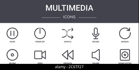 multimedia concept line icons set. contains icons usable for web, logo, ui/ux such as power off, record, record, previous, volume, sound system, refre Stock Vector