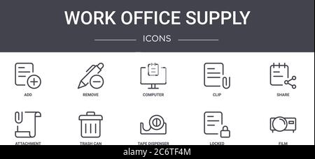work office supply concept line icons set. contains icons usable for web, logo, ui/ux such as remove, clip, attachment, tape dispenser, locked, film, Stock Vector