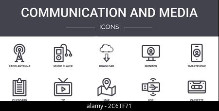 communication and media concept line icons set. contains icons usable for web, logo, ui/ux such as music player, monitor, clipboard, map, usb, cassett Stock Vector