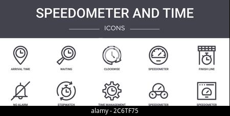 speedometer and time concept line icons set. contains icons usable for web, logo, ui/ux such as waiting, speedometer, no alarm, time management, speed Stock Vector
