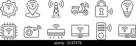 12 set of linear internet of things icons. thin outline icons such as smart tv, smart tv, camera, lock, antenna, gps for web, mobile Stock Vector