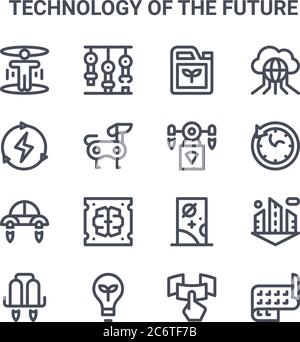 set of 16 technology of the future concept vector line icons. 64x64 thin stroke icons such as robotic arm, renewable energy, time travelling, door, ec Stock Vector