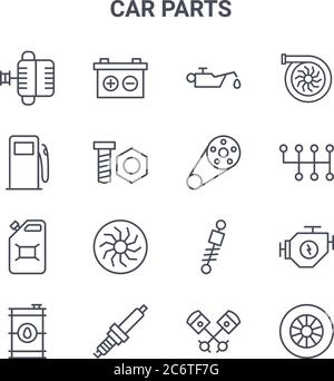 set of 16 car parts concept vector line icons. 64x64 thin stroke icons such as battery, gas pump, gears, shock, spark plug, wheel, pistons, belt, turb Stock Vector