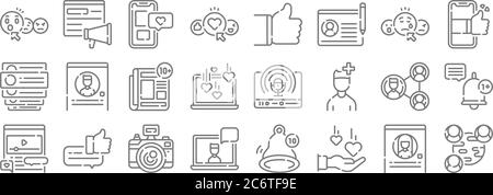 social media line icons. linear set. quality vector line set such as network, love, laptop, video player, network, news, smartphone, thumbs up, viral Stock Vector