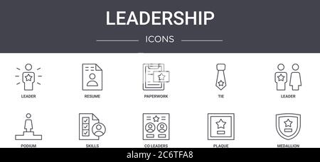 leadership concept line icons set. contains icons usable for web, logo, ui/ux such as resume, tie, podium, co leaders, plaque, medallion, leader, pape Stock Vector
