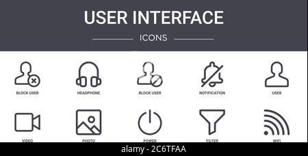 user interface concept line icons set. contains icons usable for web, logo, ui/ux such as headphone, notification, video, power, filter, wifi, user, b Stock Vector