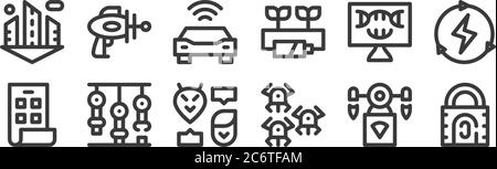 12 set of linear technology of the future icons. thin outline icons such as fingerprint scan, nanorobots, robotic arm, dna, autonomous car, blaster fo Stock Vector