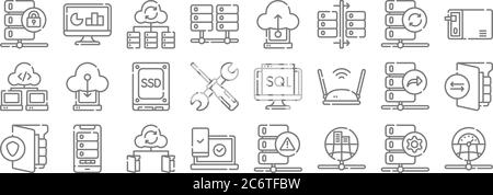 database and servers line icons. linear set. quality vector line set such as network, public, accesibility, protected, data transfer, ssd disk, person Stock Vector