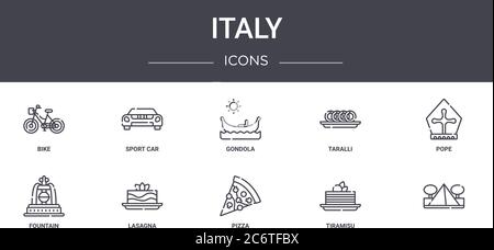 italy concept line icons set. contains icons usable for web, logo, ui/ux such as sport car, taralli, fountain, pizza, tiramisu, , pope, gondola Stock Vector