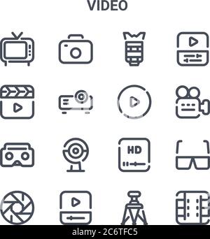 set of 16 video concept vector line icons. 64x64 thin stroke icons such as camera, video, video camera, high definition, player, film, tripod, play bu Stock Vector